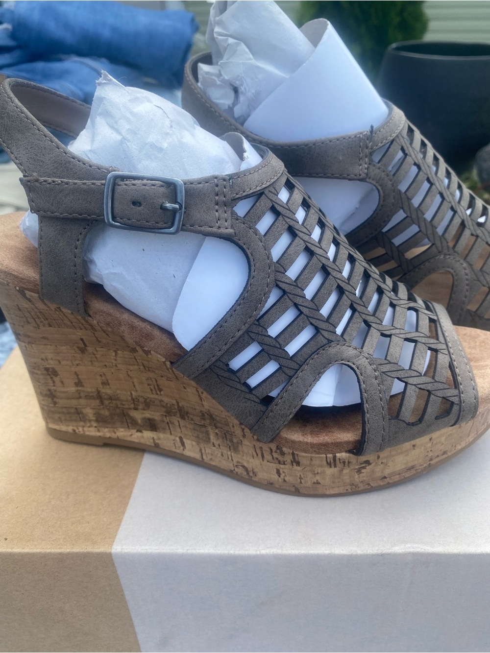 Brand New- Maurices Taupe Woven Cork Wedge Sandals